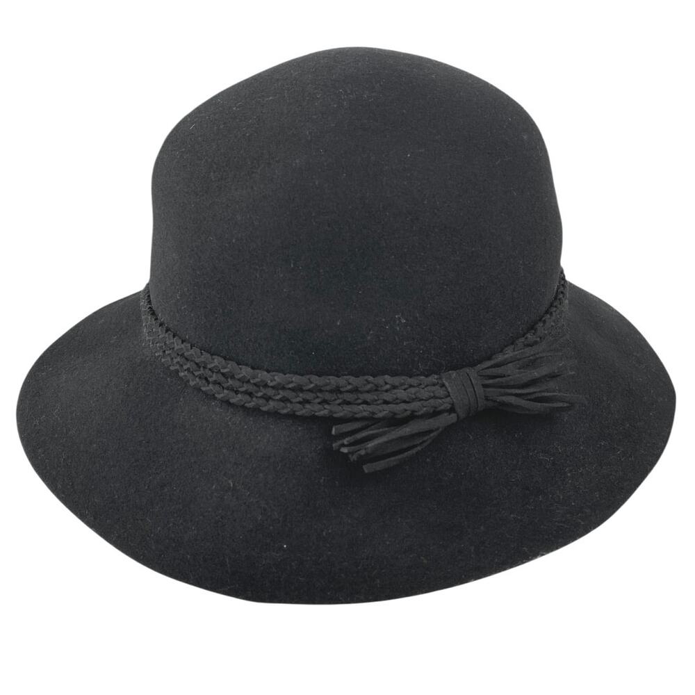 C&C California Women's Black Braided Bow 100% Wool Round Felt Bucket Hat OS